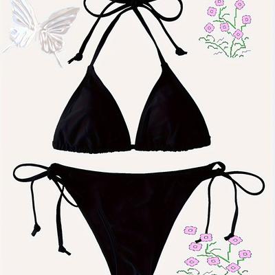 TEMU Plain Triangle Halter Tie Strap Backless 2 Piece Set Bikini, Swimsuits, Women's Swimwear & Clothing Image