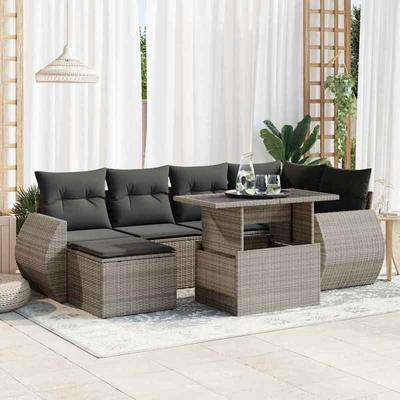 TEMU 7-piece Garden Sofa Set With Cushions Gray Poly Rattan, Uv-resistant, Adjustable Plastic Feet, Waterproof Storage Bags, Removable And Washable Cushion Covers Image