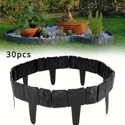 TEMU 30pcs Interlocking Plastic Garden Border Fence - Stone Effect Edging For Flower Beds, Lawns & Patio Decor, , Durable Outdoor Landscaping, Garden Fencing Image