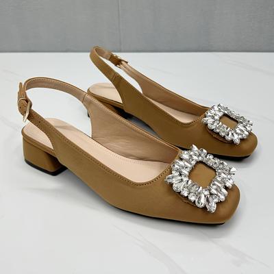 TEMU 2025 Spring New Elegant Versatile Women's High Heel Sandals, Square Toe Backless Slip-on Low Heel Summer Sandals, Lightweight Breathable Fabric Upper With Rubber Sole, Summer Outfits Image