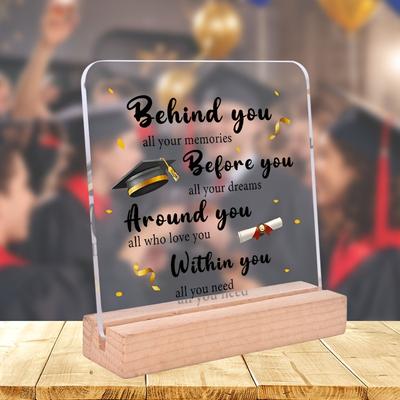 TEMU 1pc 2025 Graduation Acrylic Plaque With Wooden Stand - Inspirational Quote, Bachelor Hat & Diploma Design, Ideal For Home Decor & Party Gifts, Graduation Party Decorations Image