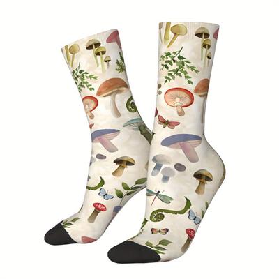 TEMU 1 Pair Funny Crazy Cottagecore, Mushrooms, Fern, Dragonflies In The Sock For Men Hip Hop Vintage Happy Quality Pattern Printed Boys Crew Sock Image