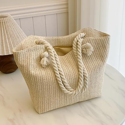 TEMU Women's Natural Linen Rope-handle Tote Bag - Versatile Beach & Travel Shoulder Bag With Zipper Closure, Spacious For Casual , Shopping & Weekend Trips, Minimalist Style, Woven Texture Image