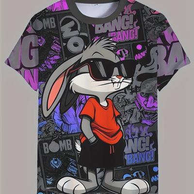 TEMU Men's Casual Summer T-shirt With Cool Rabbit Print – Comfortable Short Sleeve Crew Neck Tee, Vibrant Graffiti Design, Casual Attire Image