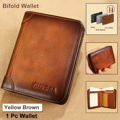 TEMU Men's Vintage Cowhide Wallet, Rfid Shielding Protection Short Multi-functional Id Card Credit Card Holder Top Layer Cowhide , With 2 Id Card Windows Gifts Valentine's Day Gift Image