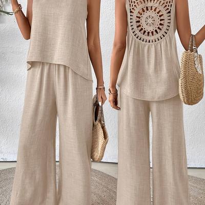 TEMU Solid Tank Top & Wide Leg Pants For Image