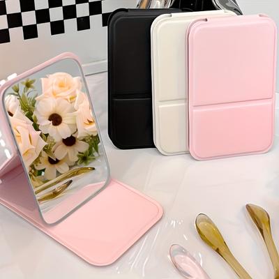 TEMU Chic Portable Folding Makeup Mirror - Compact Handheld Design With Polished Finish, Ideal For Travel & Dorm Use, Pu Material, In Black, White, Pink, Mirror Portable Image