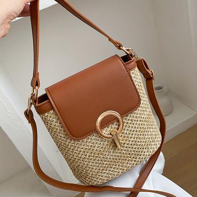 TEMU 1pc Chic Women's Woven Straw Crossbody Bag With Adjustable Strap, Zipper Closure - Stylish Summer Beach Tote For Travel & , Secure Travel Bag|elegant Accessory|fabric Construction Image