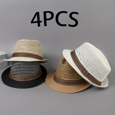 TEMU 2pcs/4pcs Unisex Breathable Mesh Lightweight Panama Straw Hat With Drawstring, Suitable For Beach, Casual Gatherings, And Travel Image