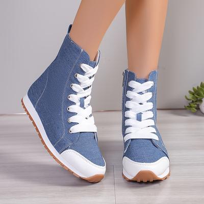 TEMU 1pr Women' Denim Ankle Boots With White Pu Trim, Casual Solid Color Footwear, Round Toe Flat Heel With Zipper And Lace-up Closure, Fabric Upper/inner/sole/insole Image