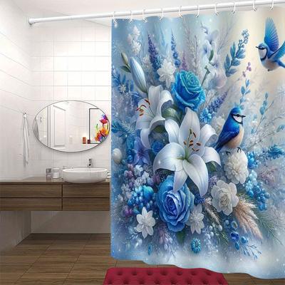 TEMU 1pc Elegant Nordic Style Blue Rose & Lily Floral Shower Curtain - High-end Polyester Bathroom Decor With Vibrant Flowers, Machine Washable, Includes Hooks, Bathroom Decor And Accessories Image
