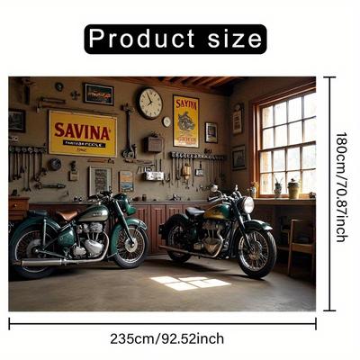 TEMU Material | Vintage Motorcycle Backdrop Banner - Ideal For Live Streaming, Parties, Birthdays & Anniversaries - Indoor/outdoor Polyester Decoration Featuring Motorcycles And Retro Workshop Scene Image