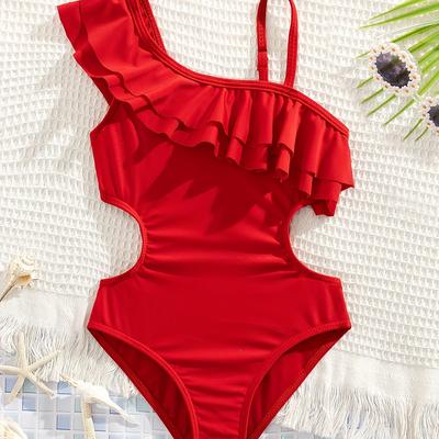 TEMU ' -shoulder Ruffle Swimsuit - Stretchy & Comfortable Polyester/elastane Blend, Machine Washable, Summer , Bathing Suits Image