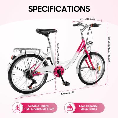 TEMU 20-inch 6-speed Bicycle, Pink Bicycle For Entertainment, Shopping, Or Exercise Image