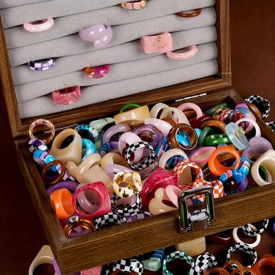 TEMU 50 Assorted Acrylic Rings For Women - Colorful Cartoon Design, Vintage Style, Casual Attire & Special Occasions, Valentine's Day Gift Idea Image