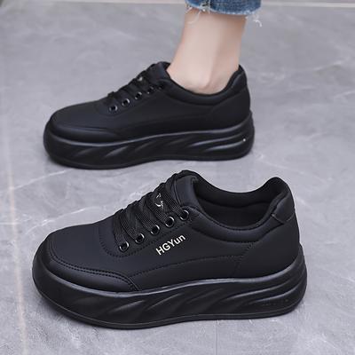 TEMU Women's Casual Skate Sneakers - Breathable Upper, Non-slip Pu Sole, For Casual Attire & Light Sports - Solid Color Black, Skate Shoes, Sleek Image