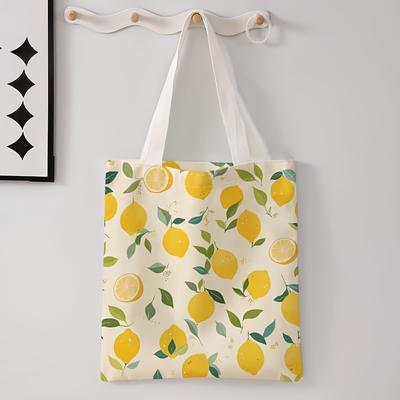 TEMU 1pc Polyester Tote Bag With Cartoon Lemon Print, Casual Single Shoulder Reusable Shopping Bag, Fashionable Multifunctional Handbag, No-closure Canvas Carryall Image