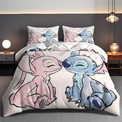 TEMU 3pcs Anime-themed Flannel Polyester Bedding Set, , Machine Washable, , Zipper Closure, Including Comforter Set And 2 Pillowcases, With Stitch , For Bedroom Decor Image