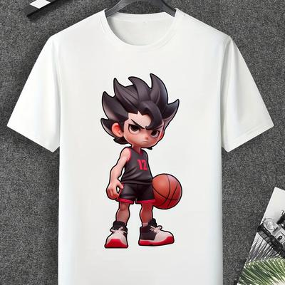 TEMU Men's Navy Blue Basketball Boy Graphic T-shirt - Casual Polyester Crew Neck, Short Sleeve, Machine Washable, Wear Image