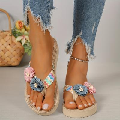 TEMU Chiwei 2023 Fashion Flip-flops For Women - Casual Summer Platform Heel Sandals With Floral Fabric Straps, Eva Sole & Insole, -on Image