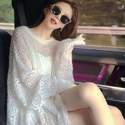 TEMU 2025 New Women's Crochet Top - Semi-sheer Lace Sleeve Round Neck Breathable Blouse For Spring Summer Fall, Casual & Formal Wear Image