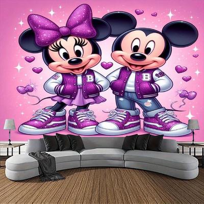 TEMU 1pc & Mouse Cartoon Backdrop - Vibrant Pink With Purple Hearts, Polyester, Vertical Rectangle - Ideal For Birthday Parties, New Year, Valentine's Day, Easter & Outdoor Celebrations, Mouse Decor Image