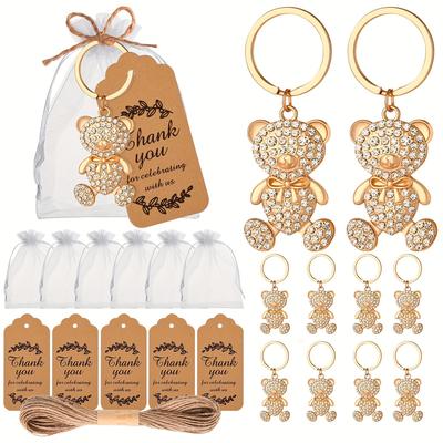 TEMU 10pcs Golden Diamond Bear Keychains With Thank You Cards & Hemp Rope - Weddings, Showers, Bridal Parties & Birthday Gifts, Best For Christmas Image