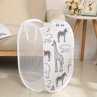 TEMU Boho Style Cartoon Foldable Laundry Basket With Mesh Sides - Rectangle Shape, Bathroom Use, Cloth Material, Laundry Baskets Image