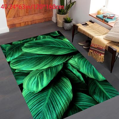 "TEMU 71" " Tropical Leaf Green Area Rug - , Non-slip Backing, Machine Washable For Living Room, Bedroom, Office, Decor - 800 Gsm, 6mm Thick, Vibrant Botanical Design" Image