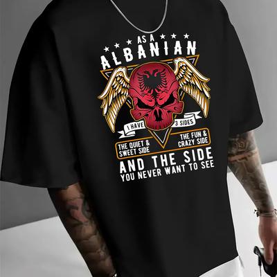 TEMU Men's Casual T-shirt With Albanian Pride Graphic - Crew Neck, Short Sleeve, Summer Fashion Tee With Emblem And Motto Print, Casual Summer Wear|crew Neck Shirt| Stretch Fabric Image