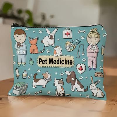 TEMU Medicine Travel Bag - Multifunctional Cosmetic & Medication Organizer With Cute Animal Illustrations, Light Blue Polyester Pouch For Dogs And Cats, Fun And Functional Travel Accessory Image