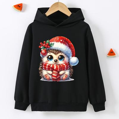 TEMU ' Casual Polyester Hoodie With Cartoon Hedgehog Santa Print For Spring/fall - Hooded Pullover With Stretch, Knit Fabric - Polyester 95%, Spandex 5% Image