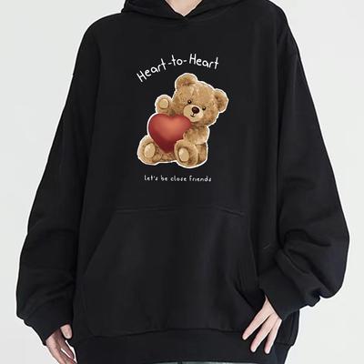TEMU 1pc Women' Cute Teddy Hoodie, Long Sleeve, Crew Neck, With Pocket, Casual Pullover, Knit Polyester Sweatshirt Image