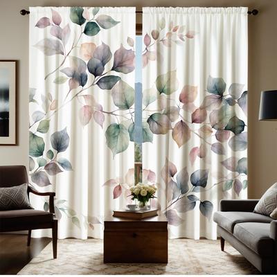 TEMU 2pcs Watercolor Leaves Print Semi-sheer Curtains, Machine Washable Polyester Decorative Drapes For Living Room, Bedroom, Study - Rod Pocket Hanging, Carnivals Theme, 180-200gsm Image