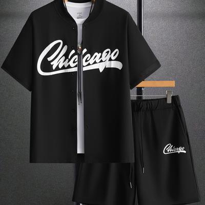 TEMU Men's Chicago Letter Short Sleeve Baseball Shirt With Printed Webbing + Drawstring Shorts Two-piece Set Image
