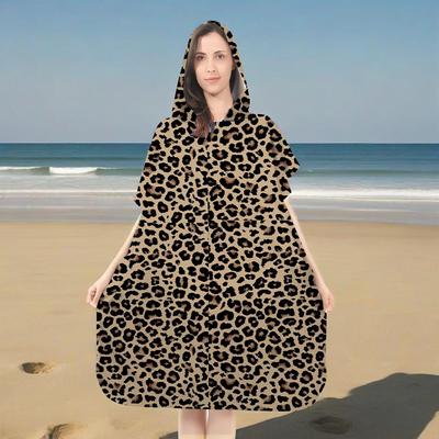 TEMU [beach Essential] Oversized Leopard Print Hooded Bathrobe Towel Cape - Microfiber Polyester, Super Absorbent Fabric, Quick-dry Beach Poncho For , Modern Cartoon Style, 230g/㎡, Beach Image