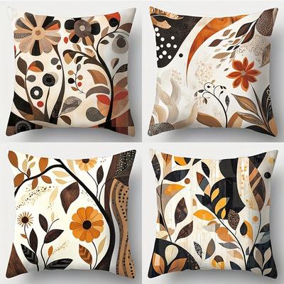 "TEMU 4pcs Boho Floral Throw Pillow Covers, 17.7" Square, , Zippered, Machine Washable, 100% Polyester - Ideal For Living Room Sofa And Bedroom Decor" Image
