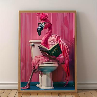 TEMU Whimsical Pink Flamingo Reading On Toilet Canvas Art Poster - Unframed 12x16 Inch, Bathroom, Bedroom, Living Room Decor, Living Room Artwork | Art Piece | Artistic Print, Image