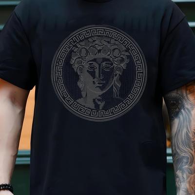 TEMU Medusa Print 180g Men's 100% Cotton Short Sleeve Crew-neck T-shirt Black Image