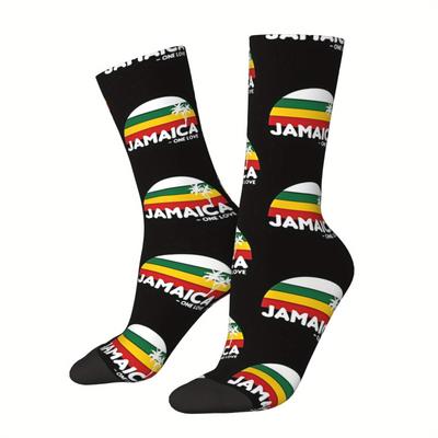TEMU Jamaica Retro Hip Hop Socks - Unisex Pattern Printed Novelty Socks For Men - Hand Wash Or - Polyester With Elastane Image