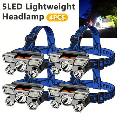 TEMU 4pcs Portable 5led Headlamp With Built-in Battery, Usb Rechargeable, Portable Work Light Headlamp For Traveling, Camping, Fishing, Hunting Image