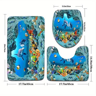 TEMU [kaijit] 3pcs 2 Colorful Fish Coral Flower Pattern Bathroom Mat Set Toilet Seat U-shaped Foot Mat Image