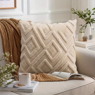 TEMU 2pcs 18x18 Inch Bohemian Shaggy Chenille Throw Pillow Covers - Geometric Chevron Pattern, Zipper Closure, Machine Washable, Decor For Sofa, Living Room, Couch, Bed, Decorative Pillows Image