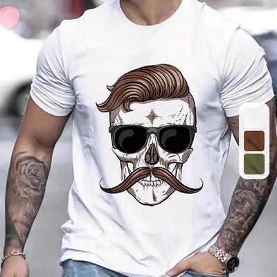 TEMU Cool Glasses Skull Print Men's Casual Short Sleeve T-shirt For Summer Gothic Fun Elastic Loose Crew Neck Graphic Tee Loungewear Top Image