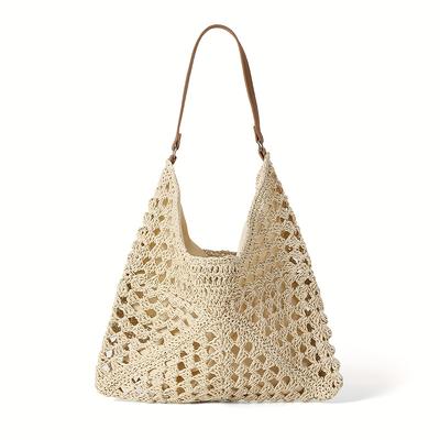 TEMU Large Capacity Hollow-out Shoulder Bag For Women - Stylish Beach Tote With Brown Handles, Beige Openwork Design, Vacation, Travel, Or Daily Use, Vacation Accessory | Stylish Women's Bag | Paper Image