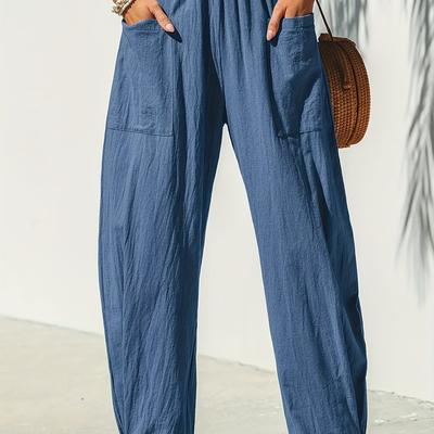 TEMU Women's High-waisted Royal Blue Casual Pants With Pockets - Slim Straight Fit, Elastic Waistband, Comfortable Polyester Fabric For Casual Attire Image