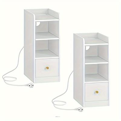 TEMU Bedside Table Set Of 2 With Charging Station, Usb & Type , Narrow Side Table, 3 Levels Of Storage Space With 1 Drawer, Space-saving, For Bedroom, Living Room, Image