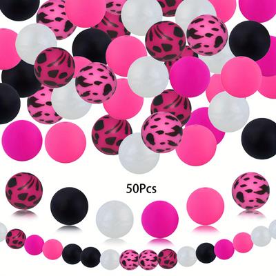 TEMU 50pcs Pink Leopard Print Silicone Beads, 15mm - Water Transfer Design, Ideal For Making, Craft Kit For Making , Craft Accessories | Leopard Print Beads | Smooth Texture, Bead Making Supplies Image