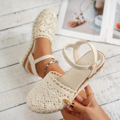 TEMU Women' Floral Wedge Sandals With Thick Platform Sole, Breathable Fabric Upper, Design, And Lace Detailing - Summer Casual Outfits, Ladies Sandals Image