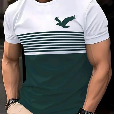 TEMU Men's Vintage Crew Neck Short Sleeve Polyester T-shirt, 3d Eagle Pattern, Asymmetrical, Stretch, Regular Fit, 110g/m², With Outdoor Sports Casual Summer Striped Image